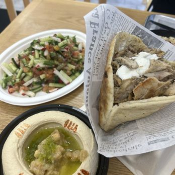 De Babel - Hummus, Chopped Salad and Chicken Shawarma Sandwich. - Mediterranean Near Me - Scottsdale, Arizona De Babel - Hummus, Chopped Salad and Chicken Shawarma Sandwich. - Mediterranean Near Me - Scottsdale, Arizona