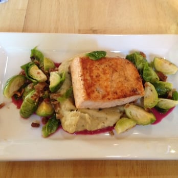 Prep & Pastry - Salmon with whipped parsnip, warm brussels, bacon salad, and beet reduction. - Breakfast & Brunch Near Me - Tucson, Arizona Prep & Pastry - Salmon with whipped parsnip, warm brussels, bacon salad, and beet reduction. - Breakfast & Brunch Near Me - Tucson, Arizona