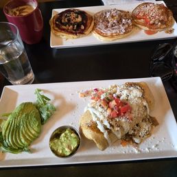 Breakfast Burrito, and Pancake Flight - Strawberry,  Cinnamon Roll, Blueberries and Marscapone.