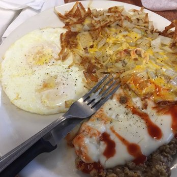Papa's Cafe - Chicken Fried Steak with over medium eggs and hash browns with cheese and onions - American Near Me - Harker Heights, Texas Papa's Cafe - Chicken Fried Steak with over medium eggs and hash browns with cheese and onions - American Near Me - Harker Heights, Texas