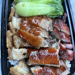 Trio Combo Rice with Roasted Pork, Roast Duck, and Honey Char Siu