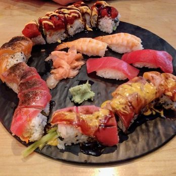 HakkaChow - Top to bottom...Red Sea Dragon Roll, Phoenix Roll and Cajun Revolution Roll.  Shrimp and Blue Fin Tuna Nigiri. - Asian Fusion Near Me - Winston-Salem, North Carolina