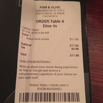 Pom & Olive - Rigging the reviews over @ Pom & Olive. Read the bottom of the receipt. Busted! - Mediterranean Near Me - Costa Mesa, California Pom & Olive - Rigging the reviews over @ Pom & Olive. Read the bottom of the receipt. Busted! - Mediterranean Near Me - Costa Mesa, California