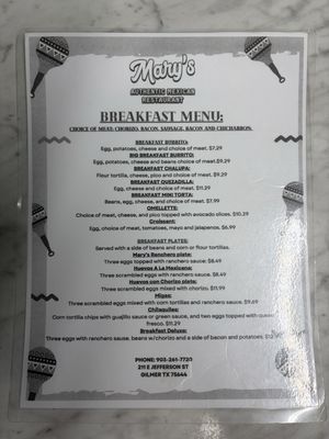 Menu photo 1 Mary's Authentic Mexican Restaurant Gilmer, TX