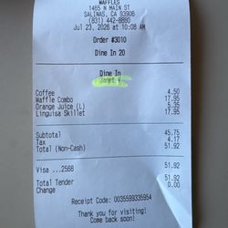 Receipt. This is affordable and spot for the delicious breakfast and nonstop coffee.