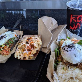 Koja Kitchen - On the right, I got the pulled pork bowl. On the left, is beef bowl. The meal comes with crosscut fries and soda. - Asian Fusion Near Me - Santa Clara, California
