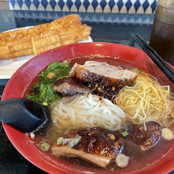 Kim Tar - Roast duck egg and rice noodle soup with Chinese bread and hot tea. - Chinese Near Me - Artesia, California
