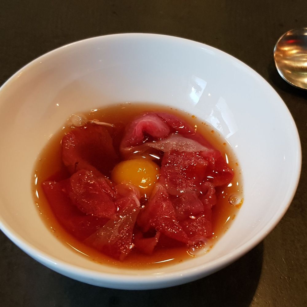 Atera - Shaved wagyu, quail egg in shrimp consomme. M2. 2021 02 13. - New American Near Me - New York, New York Atera - Shaved wagyu, quail egg in shrimp consomme. M2. 2021 02 13. - New American Near Me - New York, New York