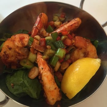 Meson Sabika - Our table's Fave! Gambas con Espinacas. Shrimp atop Spinach in a wine sauce. Full of Flavor!! We had 3 orders!! - Tapas Bars Near Me - Naperville, Illinois