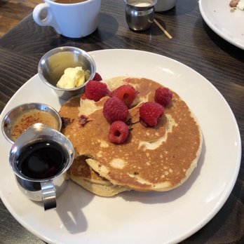 Eggstasy - raspberry white chocolate pancakes without the white chocolate sauce (on side) and no brulee sugar on top. - Breakfast & Brunch Near Me - Scottsdale, Arizona