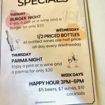 Hole In The Wall - Williamsburg - Oct 2024 Weekly specials menu - Australian Near Me - Brooklyn, New York Hole In The Wall - Williamsburg - Oct 2024 Weekly specials menu - Australian Near Me - Brooklyn, New York