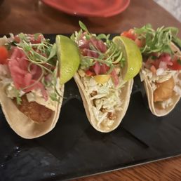 Street Tacos, crispy Baja fish, grilled mahi mahi, and beer-battered shrimp