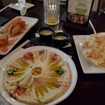 The Olive Restobar - From left to right: Cheese rolls, Hummus, Pita bread - Mediterranean Near Me - Downey, California