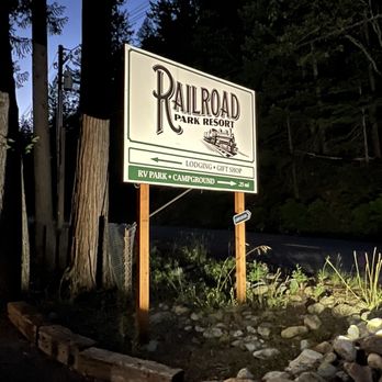 Jubilee Railroad - View of the park sign right after dusk - Resorts Near Me - Dunsmuir, California Jubilee Railroad - View of the park sign right after dusk - Resorts Near Me - Dunsmuir, California