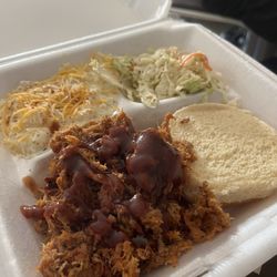 Brothers Barbecue Smokehouse - Pulled pork Sandwich, coleslaw and loaded potato salad.
