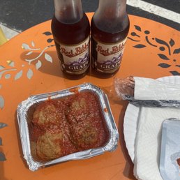 4 meatballs and 2 grape sodas 4 meatballs and 2 grape sodas