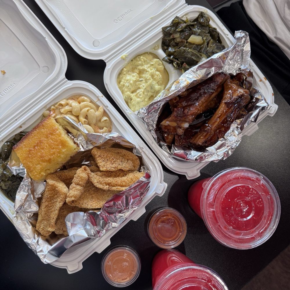 Spicy fried Fish Dinner combo with mixed greens and mac and cheese  Bbq ribs with potato salad and mixed greens   Player punch!