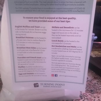 Turning Point - They include this list of reheating instructions for anything you may order! - Breakfast & Brunch Near Me - Long Branch, New Jersey