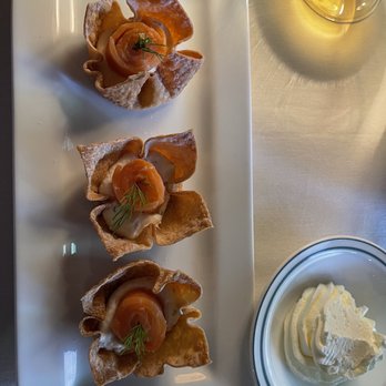 Three Birds Restaurant - Smoked Salmon "Flowers" Crispy Wonton Cups, Horseradish Mascarpone, Fresh Dill - New American Near Me - Corning, New York Three Birds Restaurant - Smoked Salmon "Flowers" Crispy Wonton Cups, Horseradish Mascarpone, Fresh Dill - New American Near Me - Corning, New York