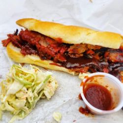 Chopped brisket sandwich with a side of Cole slaw