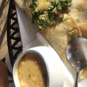 Le Testimony Organic Bistro - See the dumplings and fresh grated Parmesan cheese and basil!! Chunk fresh delicious in every bite!! Look how tiny the soup spoon looks! - Creperies Near Me - Redding, California
