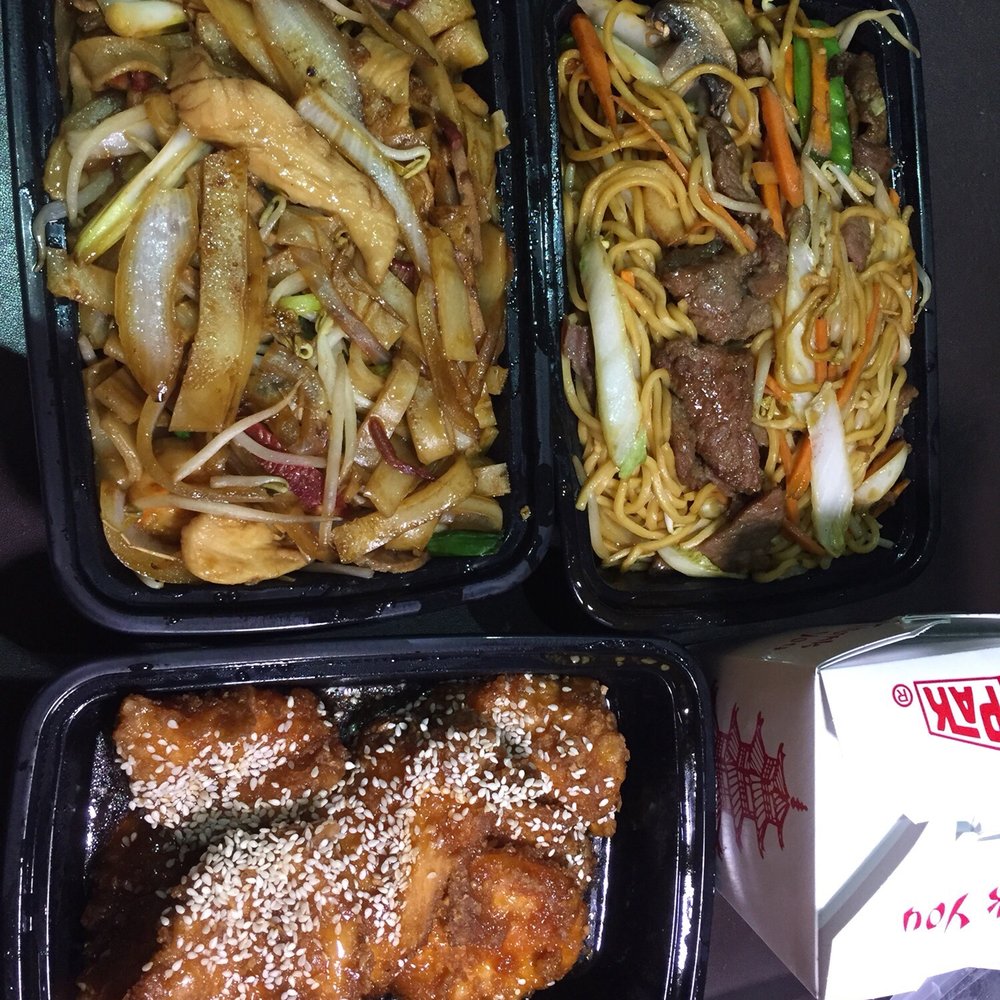 Drunken noodles, beef lo mein, and sesame chicken Drunken noodles, beef lo mein, and sesame chicken