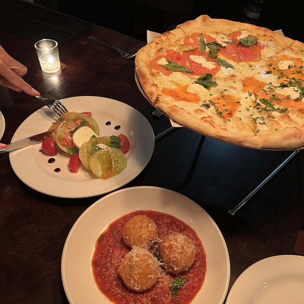 Federal Pizza - Caprese salad with divine balsamic, arancini, pizza (half margherita, half sweet potato goat cheese sage) - Pizza Near Me - Phoenix, Arizona Federal Pizza - Caprese salad with divine balsamic, arancini, pizza (half margherita, half sweet potato goat cheese sage) - Pizza Near Me - Phoenix, Arizona
