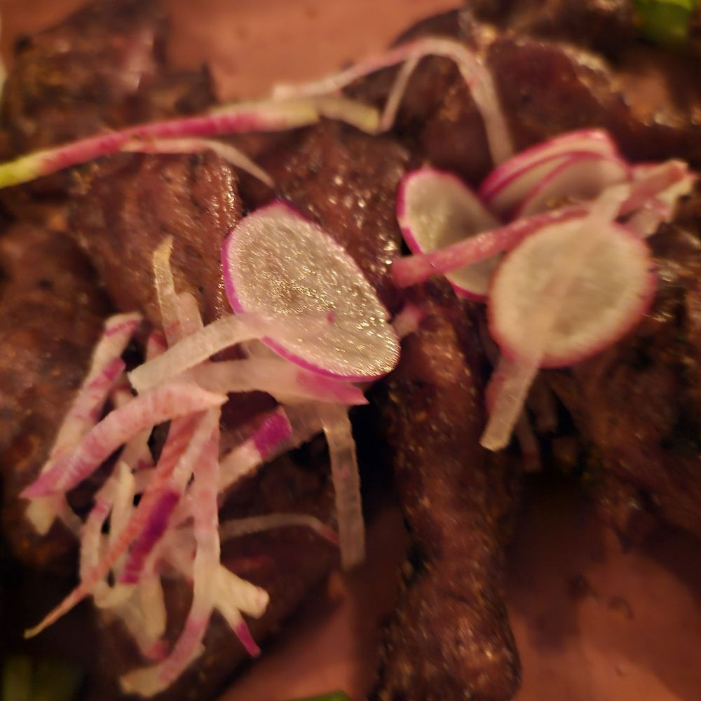 The Gem - a plate of meat with onions and radishes - American Near Me - Bolton, New York The Gem - a plate of meat with onions and radishes - American Near Me - Bolton, New York