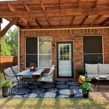 ATOM Construction and Landscaping - Airy stained cedar pergola in Allen. - Fences & Gates Near Me ATOM Construction and Landscaping - Airy stained cedar pergola in Allen. - Fences & Gates Near Me