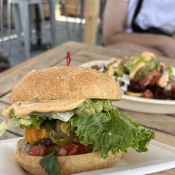 Evolution Fast Food - Fuego Burger: jalapeños, cheddar, chipotle aioli, lettuce, tomato, onions, guacamole​​
