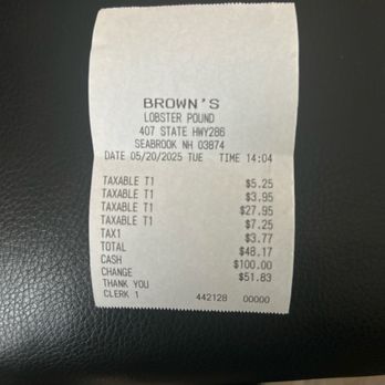 Brown's Seabrook Lobster Pound - Full meal and receipt. - Seafood Near Me - Seabrook, New Hampshire Brown's Seabrook Lobster Pound - Full meal and receipt. - Seafood Near Me - Seabrook, New Hampshire