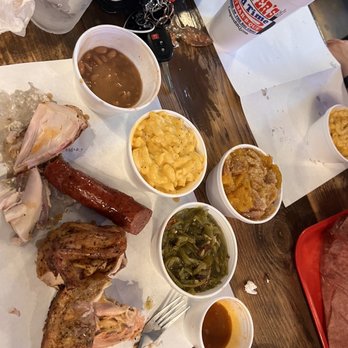 Cooper's Old Time Pit Bar-B-Que - Chicken, sausage, mac&cheese, green beans, pinto beans, peach cobbler- missing is the brisket because I killed it before the picture! - Barbeque Near Me - Austin, Texas