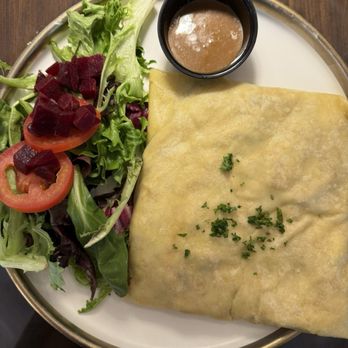 L'orange Cafe - Chicken and Mushroom crêpes with side of greens. - Cafes Near Me - Orange, California
