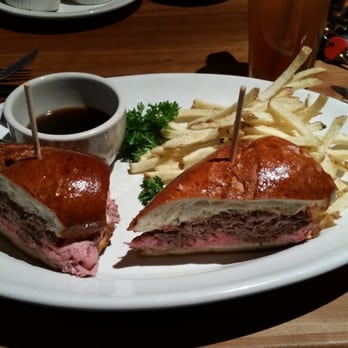 Houston's Restaurant - French dip sandwich on homemade fence brwad, thinly sliced prime rib w/ au jus. Comes w/ side of horse radish and french fries - New American Near Me - Irvine, California Houston's Restaurant - French dip sandwich on homemade fence brwad, thinly sliced prime rib w/ au jus. Comes w/ side of horse radish and french fries - New American Near Me - Irvine, California