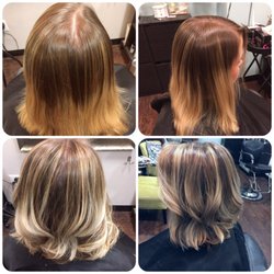 Before and After balayage color correction.  Removal of Orange tones.