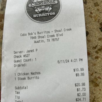 Cabo Bob's Burritos - The bill - Mexican Near Me - Austin, Texas