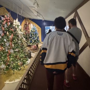 Kraynak's - The walkway to see all the Christmas trees. - Visitors observe Christmas trees decorated with ornaments, ribbons, and lights in a display at a museum or exhibit. - Nurseries & Gardening Near Me - Hermitage, Pennsylvania