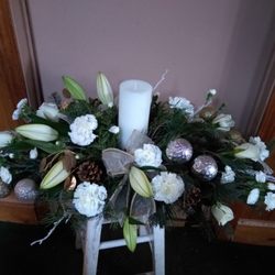 Terry's Floral Treasures - Holiday long and low centerpiece with a pillar candle