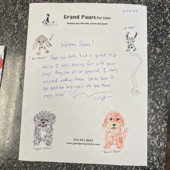 Grand Paws Pet Sitter - Welcome home note from Lisa - Dog Walkers Near Me - Plano, Texas Grand Paws Pet Sitter - Welcome home note from Lisa - Dog Walkers Near Me - Plano, Texas