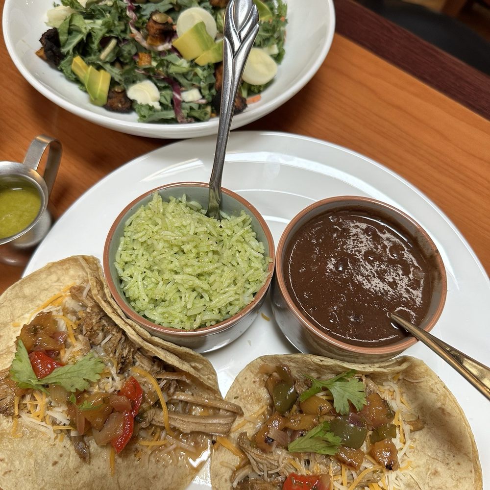 Tapa Taco - Pulled Pork with Pineapple Chutney Tacos Green Rice (tasty) with Black Beans Kale Salad - Latin American Near Me - Union Pier, Michigan Tapa Taco - Pulled Pork with Pineapple Chutney Tacos Green Rice (tasty) with Black Beans Kale Salad - Latin American Near Me - Union Pier, Michigan