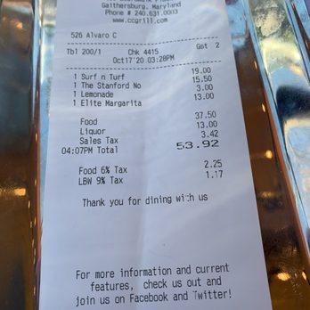 Copper Canyon Grill - Bill for 2 - American Near Me - Gaithersburg, Maryland Copper Canyon Grill - Bill for 2 - American Near Me - Gaithersburg, Maryland