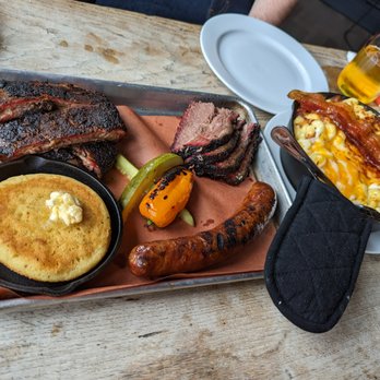 Morgan's Brooklyn Barbecue - Holy Trinity Platter with fatty brisket and large Bacon Mac 'n cheese - Barbeque Near Me - Brooklyn, New York Morgan's Brooklyn Barbecue - Holy Trinity Platter with fatty brisket and large Bacon Mac 'n cheese - Barbeque Near Me - Brooklyn, New York