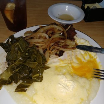 The Serving Spoon - Beef liver with onions, grits, eggs over easy and collard greens. - Breakfast & Brunch Near Me - Inglewood, California The Serving Spoon - Beef liver with onions, grits, eggs over easy and collard greens. - Breakfast & Brunch Near Me - Inglewood, California