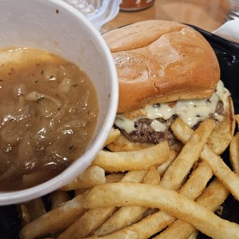 Raven Carry-Out Cafe - French Onion burger Aka the Frenchy with onion au jus - Burgers Near Me - Virginia Beach, Virginia