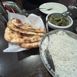 Garlic naan, rice, lamb saag