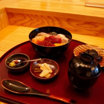Hirohisa - Chirashi donburi includes several slices of sashimi on top of rice, along with a side dish (which in this case eggplant), and miso soup. - Japanese Near Me - New York, New York Hirohisa - Chirashi donburi includes several slices of sashimi on top of rice, along with a side dish (which in this case eggplant), and miso soup. - Japanese Near Me - New York, New York
