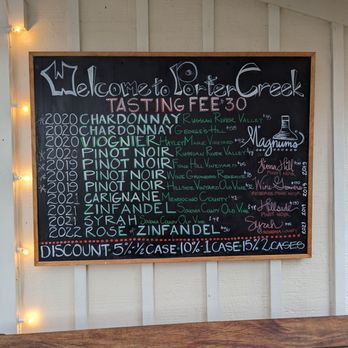 Porter Creek Vineyards - a menu on a blackboard - Wineries Near Me - Healdsburg, California Porter Creek Vineyards - a menu on a blackboard - Wineries Near Me - Healdsburg, California