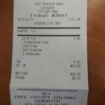Long John Silver's - Receipt - Fast Food Near Me - Lancaster, Pennsylvania