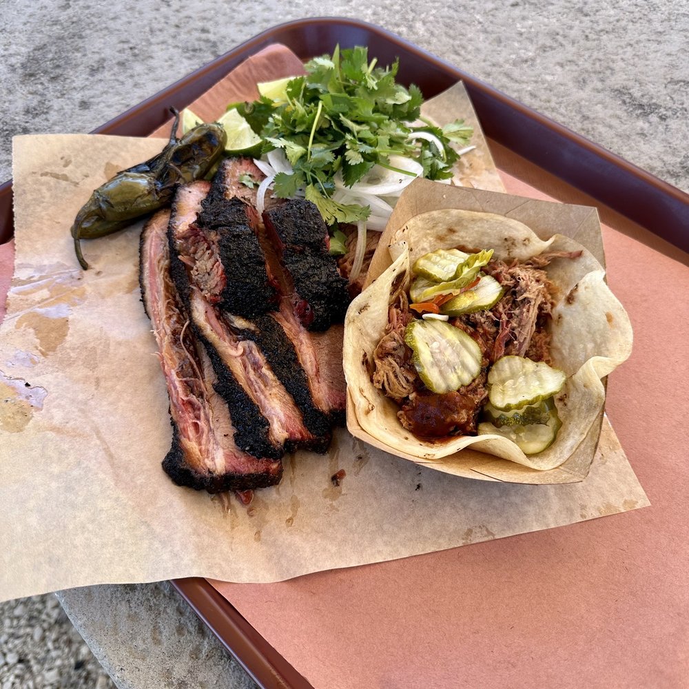 Priedite Barbecue - One pound of brisket and one pork shoulder taco. Yum! - Barbeque Near Me - Los Alamos, California Priedite Barbecue - One pound of brisket and one pork shoulder taco. Yum! - Barbeque Near Me - Los Alamos, California