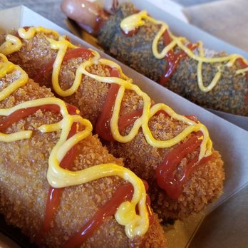 Mochinut - Volcano hotdog & squid ink cheese dog! - Hot Dogs Near Me - Cerritos, California Mochinut - Volcano hotdog & squid ink cheese dog! - Hot Dogs Near Me - Cerritos, California